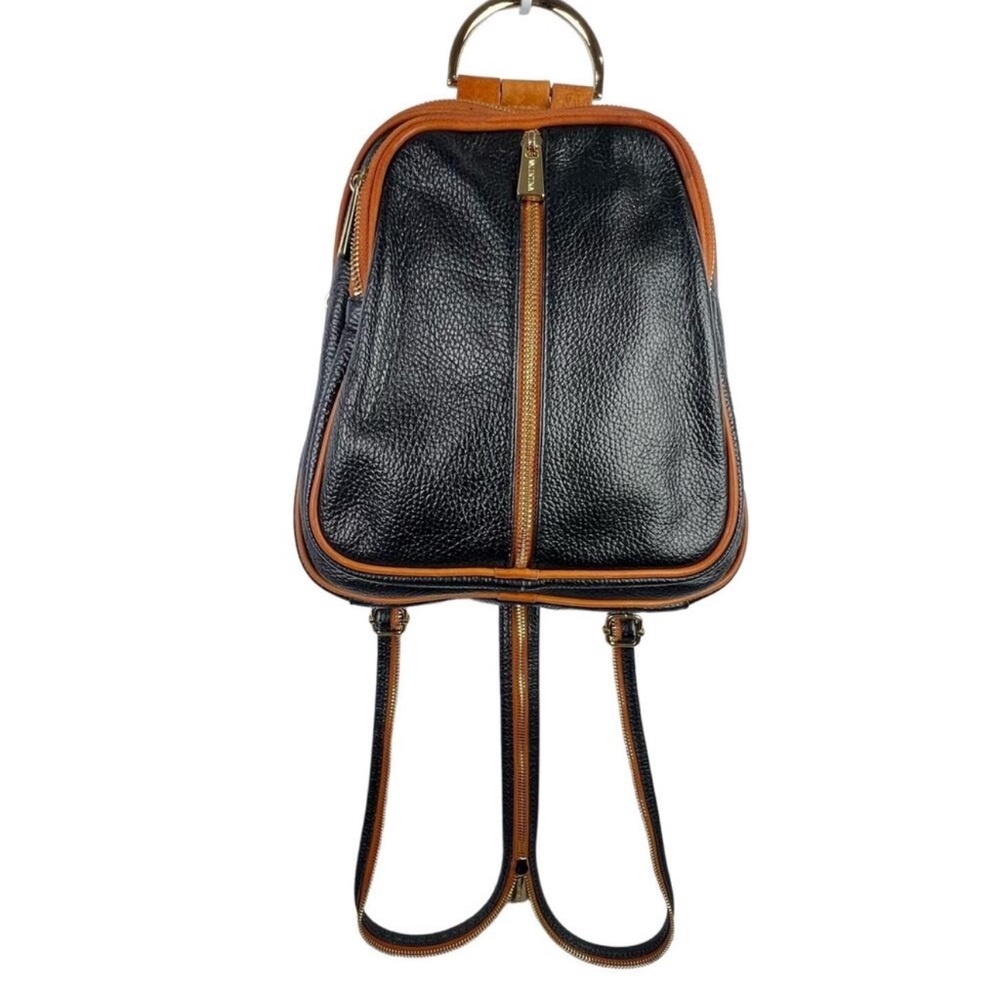 VALENTINA Black/Brown Italian Pebbled Leather Convertible Sling Backpack Purse
